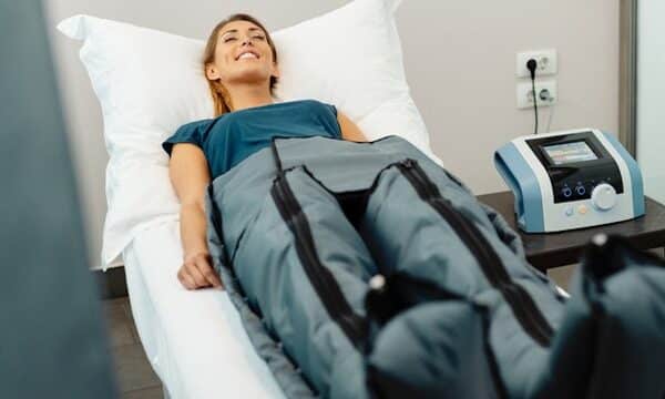 paziente che si sottopone alla pressoterapia alle gambe