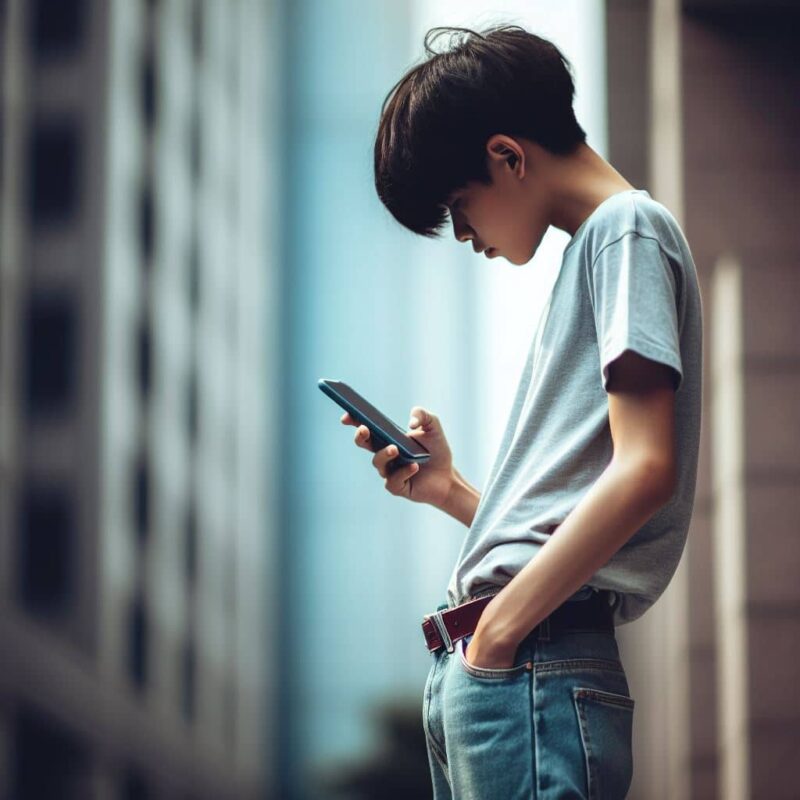 ragazzino che guarda il cellulare con testa in avanti e schiena curva