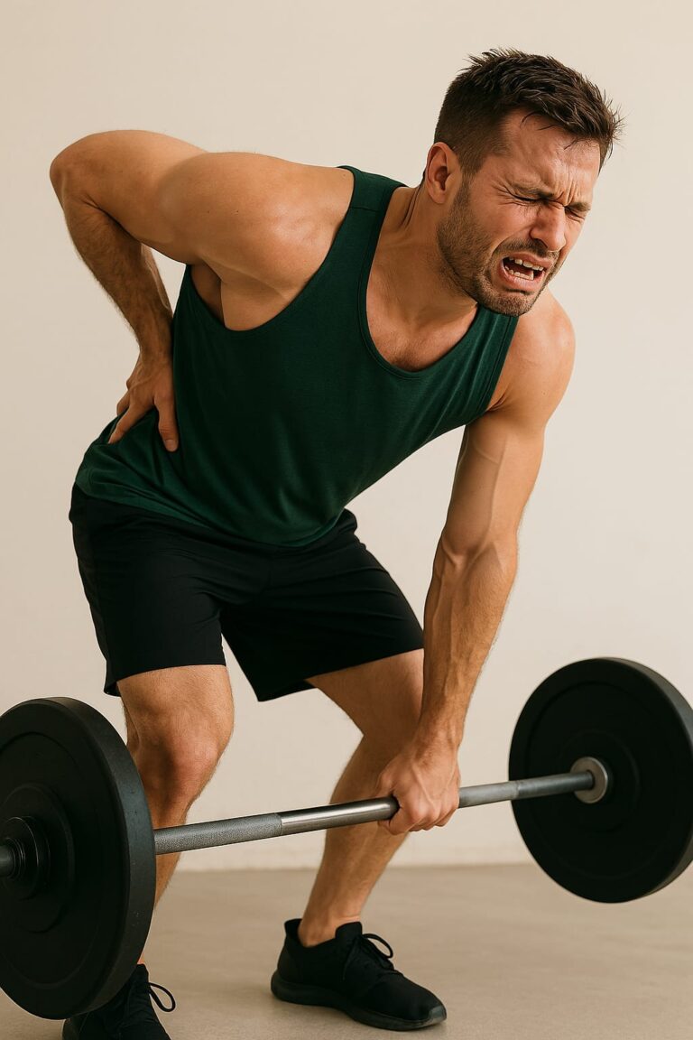 uomo in palestra che cerca di sollevare il bilanciere ma avverte un forte dolore alla schiena