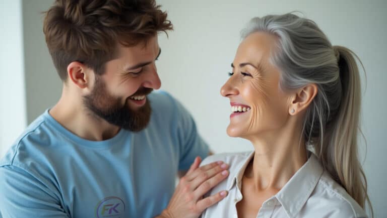 FISIOTERAPISTA UOMO CHE SORRIDE E METTE UNA MANO SULLA SPALLA DI UNA DONNA DI MEZZA ETà PER SOSTENERLA NEL PERCORSO POST-MASTECTOMIA