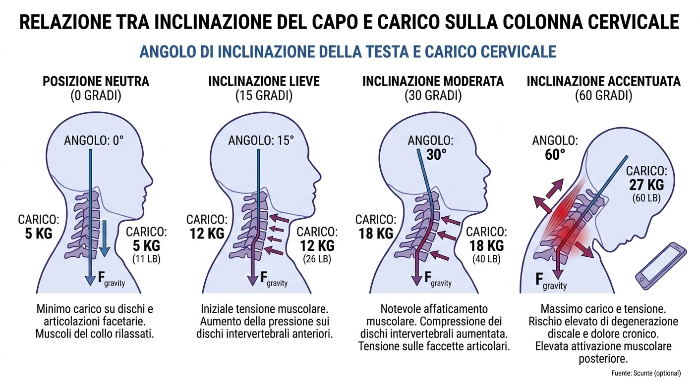 Infografica biomeccanica sulla colonna cervicale: aumento del peso e del carico della testa a 0, 15, 30 e 60 gradi di inclinazione