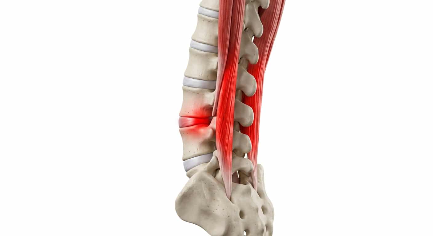Illustrazione medica 3D dello spasmo dei muscoli paravertebrali nella schiena bloccata