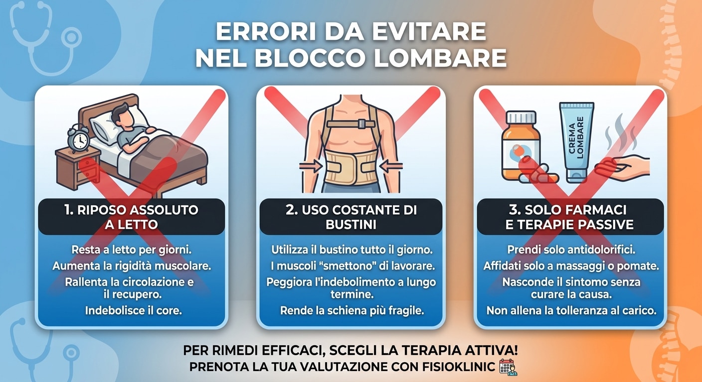 Infografica sugli errori da evitare quando si ha la schiena bloccata: riposo a letto, bustini e solo farmaci